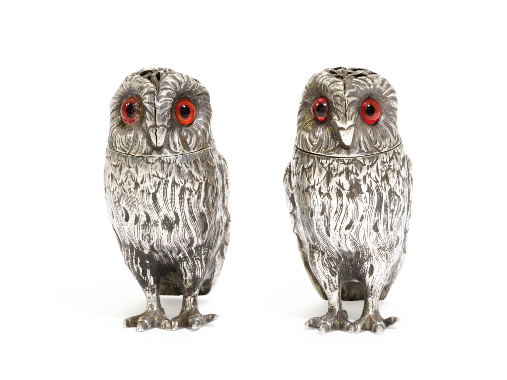 View full screen - View 1 of Lot 181. A pair of Victorian silver novelty pepperettes in the form of owls, Richards & Brown, London, 1861.
