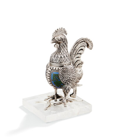 View full screen - View 1 of Lot 83. A SILVER AND ENAMEL INKSTAND SHAPED AS A COCKEREL, APPARENTLY UNMARKED, PROBABLY RUSSIA, CIRCA 1890 | ENCRIER EN FORME DE COQ EN ARGENT EN PARTIE ÉMAILLÉ, APPAREMMENT NON POINÇONNÉ, PROBABLEMENT RUSSIE VERS 1890 .