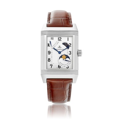 View full screen - View 1 of Lot 8107. Reverso Grande Sun Moon, Reference 240.8.27 | A stainless steel reversible wristwatch with moon phases, date and night and power reserve indication, Circa 2005 | 積家 | Reverso Grande Sun Moon 型號240.8.27 | 精鋼可翻轉腕錶,備月相、日期及動力儲備顯示,約2005年製.