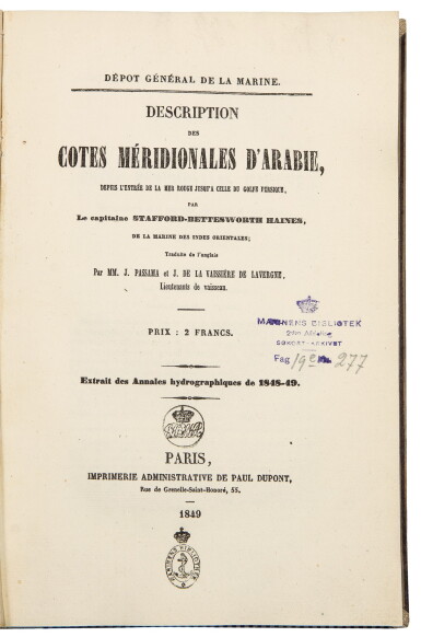View full screen - View 1 of Lot 69. Haines, Stafford-Bettesworth. First separate French edition of an important survey of the coasts of Yemen and Oman.