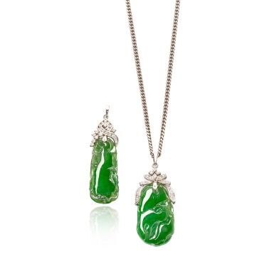 View full screen - View 1 of Lot 2024. Jadeite and Diamond Pendent Necklace and Pendant | 天然翡翠 配 鑽石項鏈 及 掛墜.