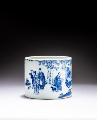 View full screen - View 1 of Lot 128. A rare inscribed blue and white ‘Seven sages of the bamboo grove’ brushpot, Qing dynasty, Kangxi period, dated to the renchen year, corresponding to 1712 | 清康熙壬辰年 青花人物故事圖詩文筆筒.
