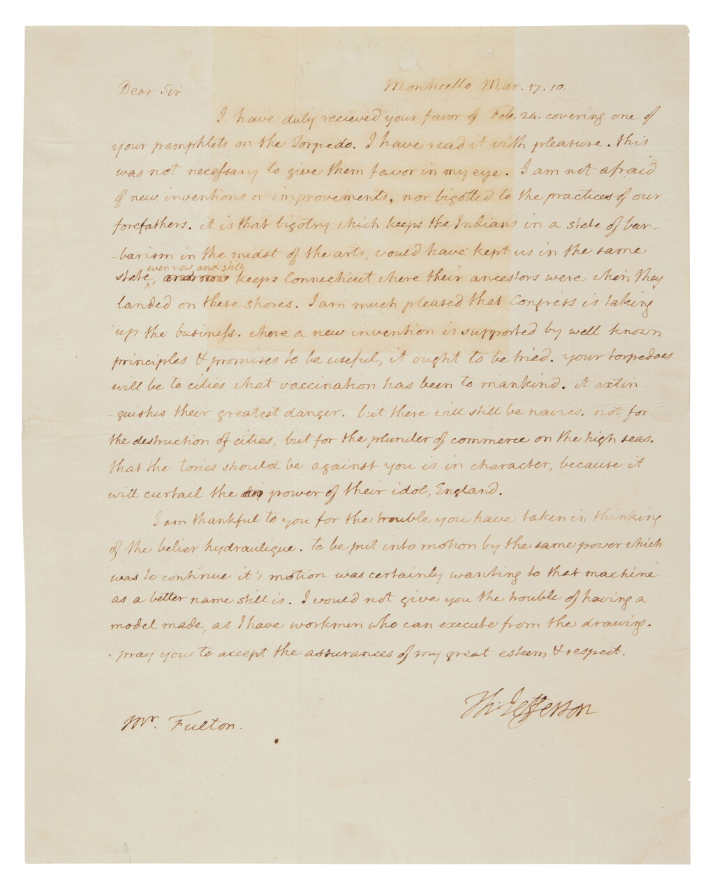 View full screen - View 1 of Lot 1052. Jefferson, Thomas | Autograph letter signed, praising the spirit of innovation.