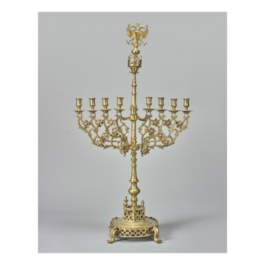 View full screen - View 1 of Lot 139. A MONUMENTAL BRASS STANDING HANUKAH MENORAH, POLISH OR GERMAN, 18TH CENTURY AND LATER.