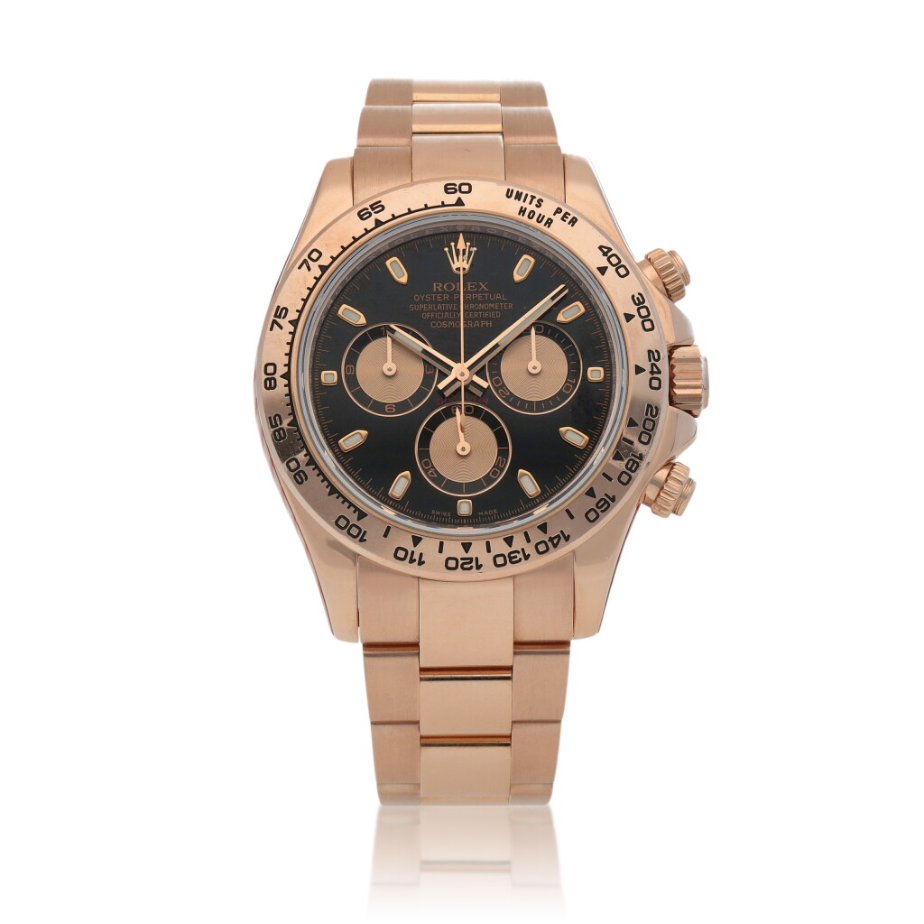 View full screen - View 1 of Lot 630. Daytona, Ref. 116505 Pink gold chronograph wristwatch with bracelet Circa 2012.