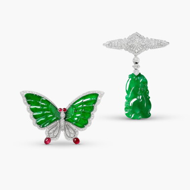 View full screen - View 1 of Lot 1532. Carved Jadeite, Coloured Stone and Diamond Brooch and Carved Jadeite and Diamond Brooch | 天然翡翠 配 寶石 及 鑽石 胸針 及 天然翡翠 配 鑽石 胸針.