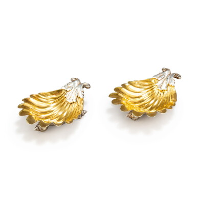 View full screen - View 1 of Lot 874. A pair of George III/IV parcel-gilt silver salt-cellars, Joseph Cradock & William Reid, London, 1818 and 1822.