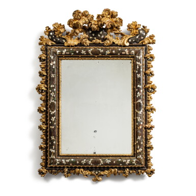 View full screen - View 1 of Lot 32. An Italian giltwood, burgauté and partially lacquered mirror, Venice, circa 1700.