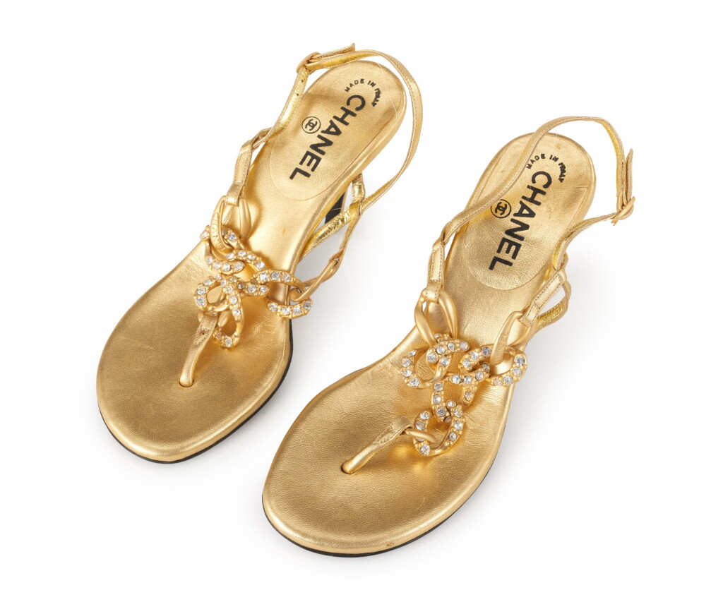 View full screen - View 1 of Lot 45. CHANEL | PAIR OF EMBELLISHED GOLD LEATHER SANDALS .