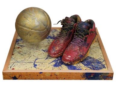 View full screen - View 1 of Lot 91. Dwayne Wade "In the Paint" Collection of Personal Items Including 24x24" Hand Painted Section of 2011 All Star Game Used Floor, Sneakers Worn and Basketball Used to Create the Artwork.