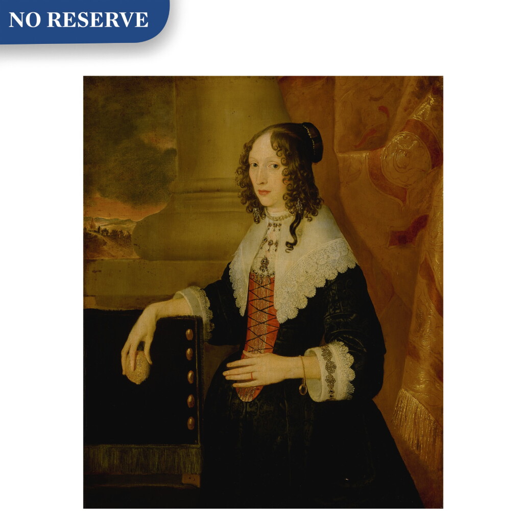 View full screen - View 1 of Lot 517. Portrait of a lady, said to be Susanna Styles, three-quarter length, holding a lemon with a landscape beyond.