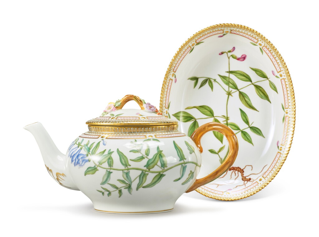 View full screen - View 1 of Lot 427. A Royal Copenhagen 'Flora Danica' Teapot and Cover, and an Oval Stand, Modern.