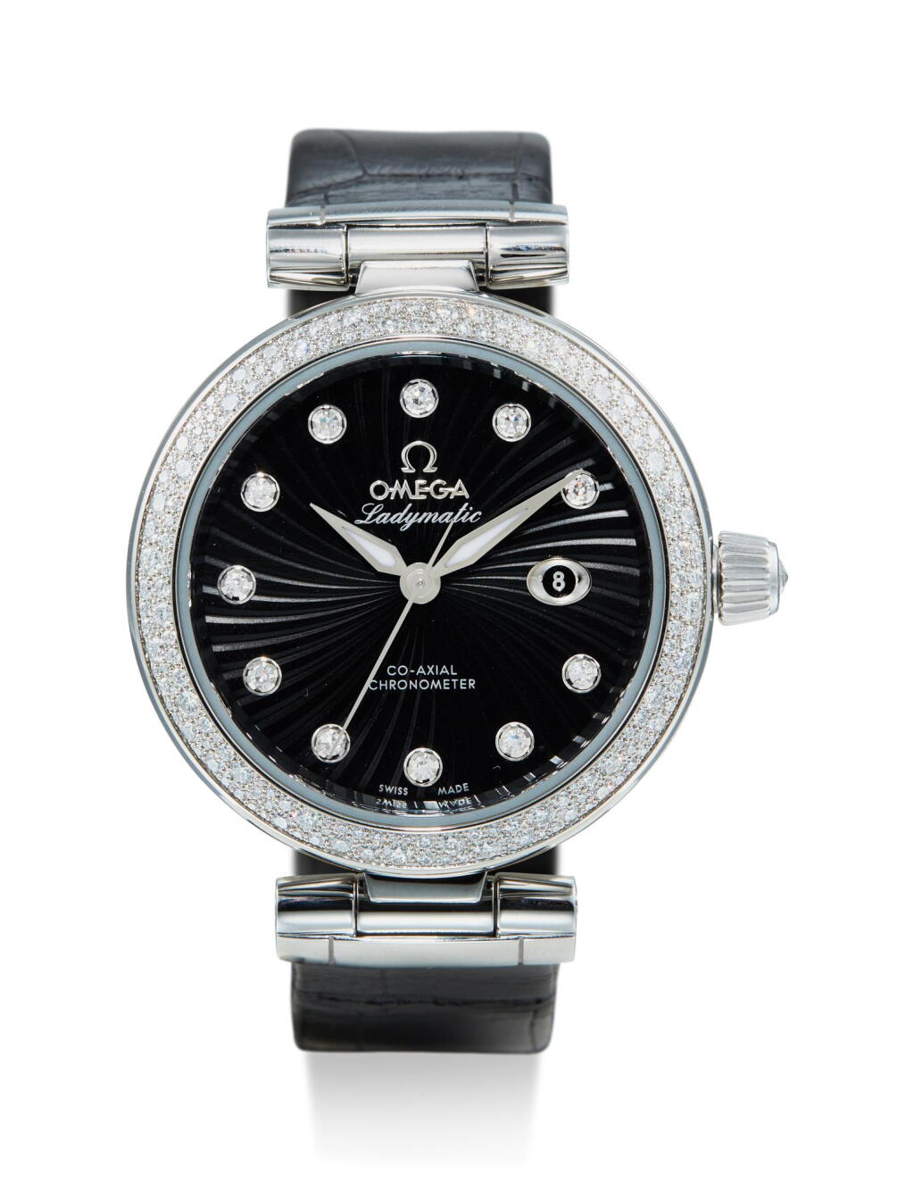View full screen - View 1 of Lot 8012. OMEGA | DE VILLE LADYMATIC, REFERENCE 425.38.34.20.51.001, A STAINLESS STEEL AND DIAMOND-SET WRISTWATCH WITH DATE, CIRCA 2017.