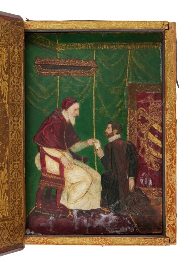 View full screen - View 1 of Lot 72. Capocaccia, Giovanni Battista, A wax relief portrait of Pius V, in a red morocco book-form box by the Vatican bindery, Rome, 1566–1568.