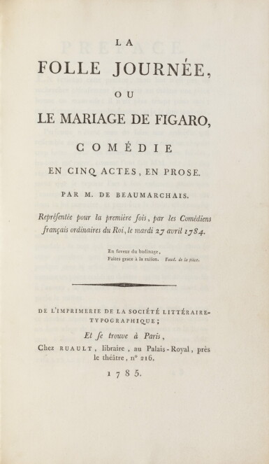 View full screen - View 1 of Lot 5. La folle journée ou le Mariage de Figaro, 1785. In-8. Edition originale, en maroquin rouge de l'époque.