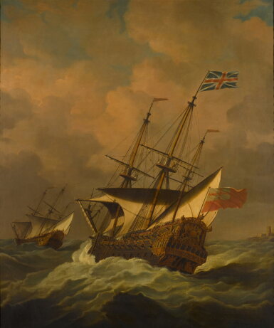 View full screen - View 1 of Lot 370. The English ship 'Resolution' in a gale with another ship ahead.
