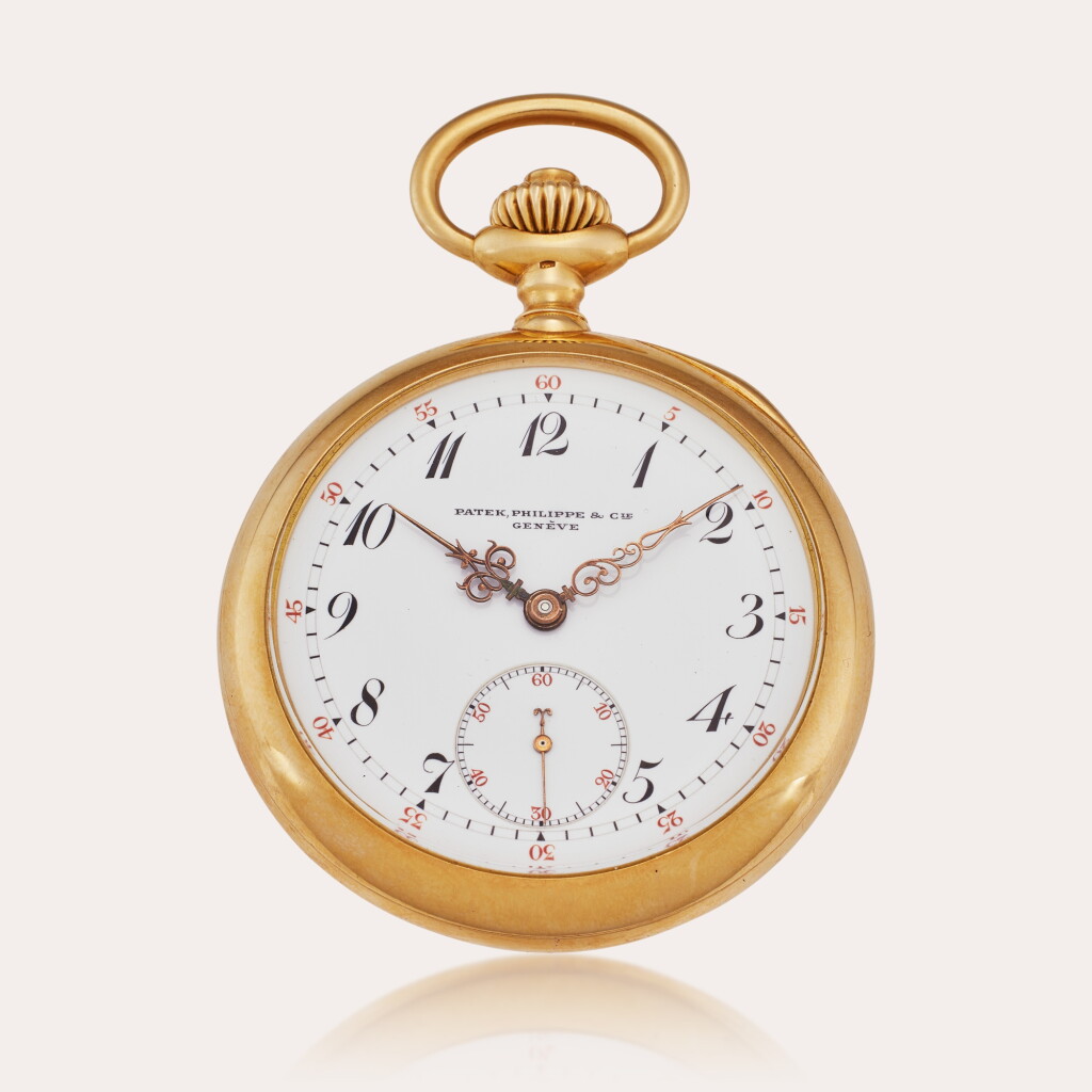 View full screen - View 1 of Lot 17. A yellow gold open faced keyless two train button minute repeating watch with hidden hinges, Made in 1906.