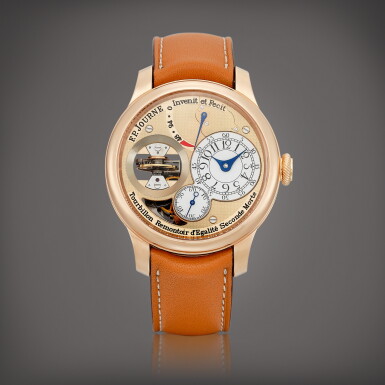 View full screen - View 1 of Lot 2305. Tourbillon Souverain Vertical | A pink gold vertical tourbillon wristwatch with constant force remontoire, dead beat seconds, power reserve indication and enamel dial, Circa 2022 | F. P. Journe | TOURBILLON SOUVERAIN VERTICAL | 粉紅金垂直陀飛輪腕錶,備恆定動力裝置、跳秒、動力儲備顯示及琺瑯錶盤,約2022年製.