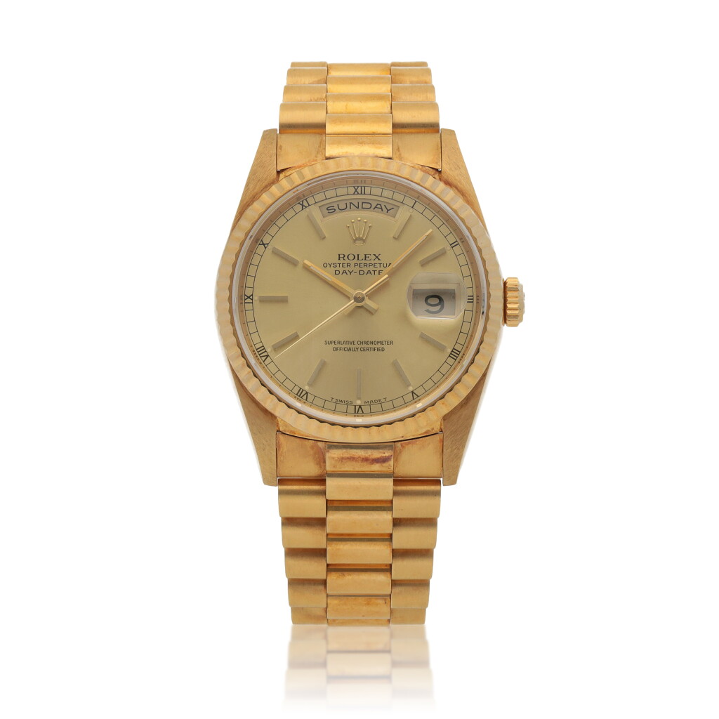 View full screen - View 1 of Lot 511. Day-Date, Ref. 18238 Yellow gold wristwatch with day, date and bracelet Circa 1990.