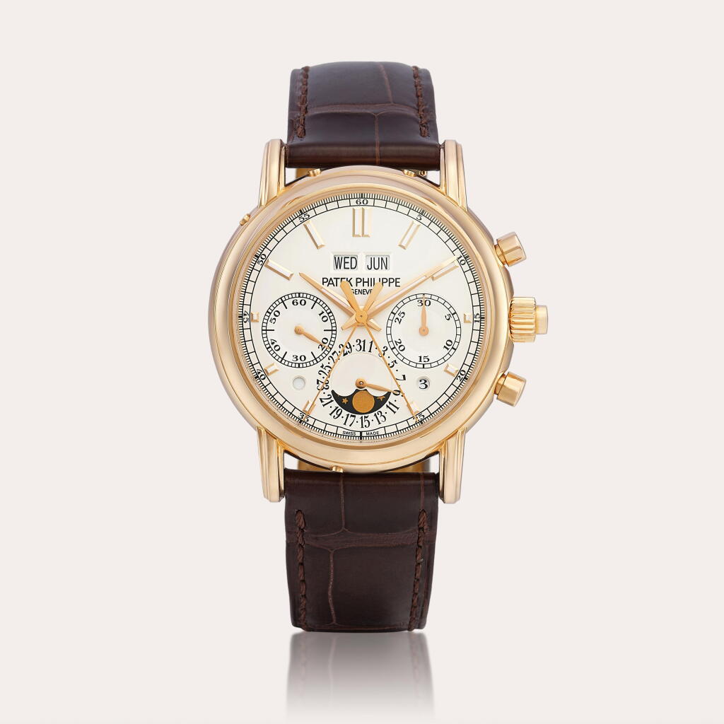 View full screen - View 1 of Lot 2285. Reference 5204 A pink gold perpetual calendar split seconds chronograph wristwatch with moon phases, leap year and day and night indication, Circa 2017 | 百達翡麗 | 型號5204 | 粉紅金萬年曆追針計時腕錶,備月相、閏年及晝夜顯示、約2017年製.