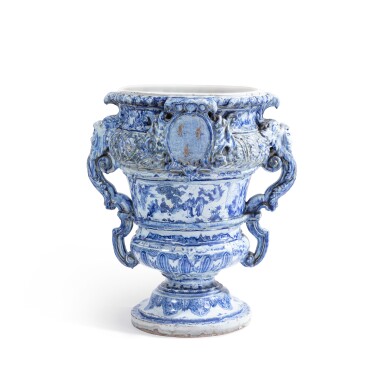 View full screen - View 1 of Lot 2. A Monumental Nevers Faïence Blue and White Armorial Two-Handled Vase, Circa 1670-1685 | Vase monumental à deux anses en faïence de Nevers avec les armoiries royales, vers 1670-1685.