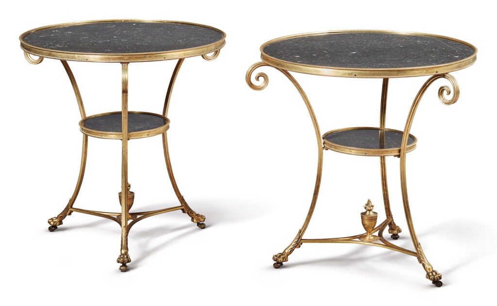 View full screen - View 1 of Lot 133. A PAIR OF LOUIS XVI STYLE GILT BRONZE AND BLACK MARBLE GUÉRIDONS.