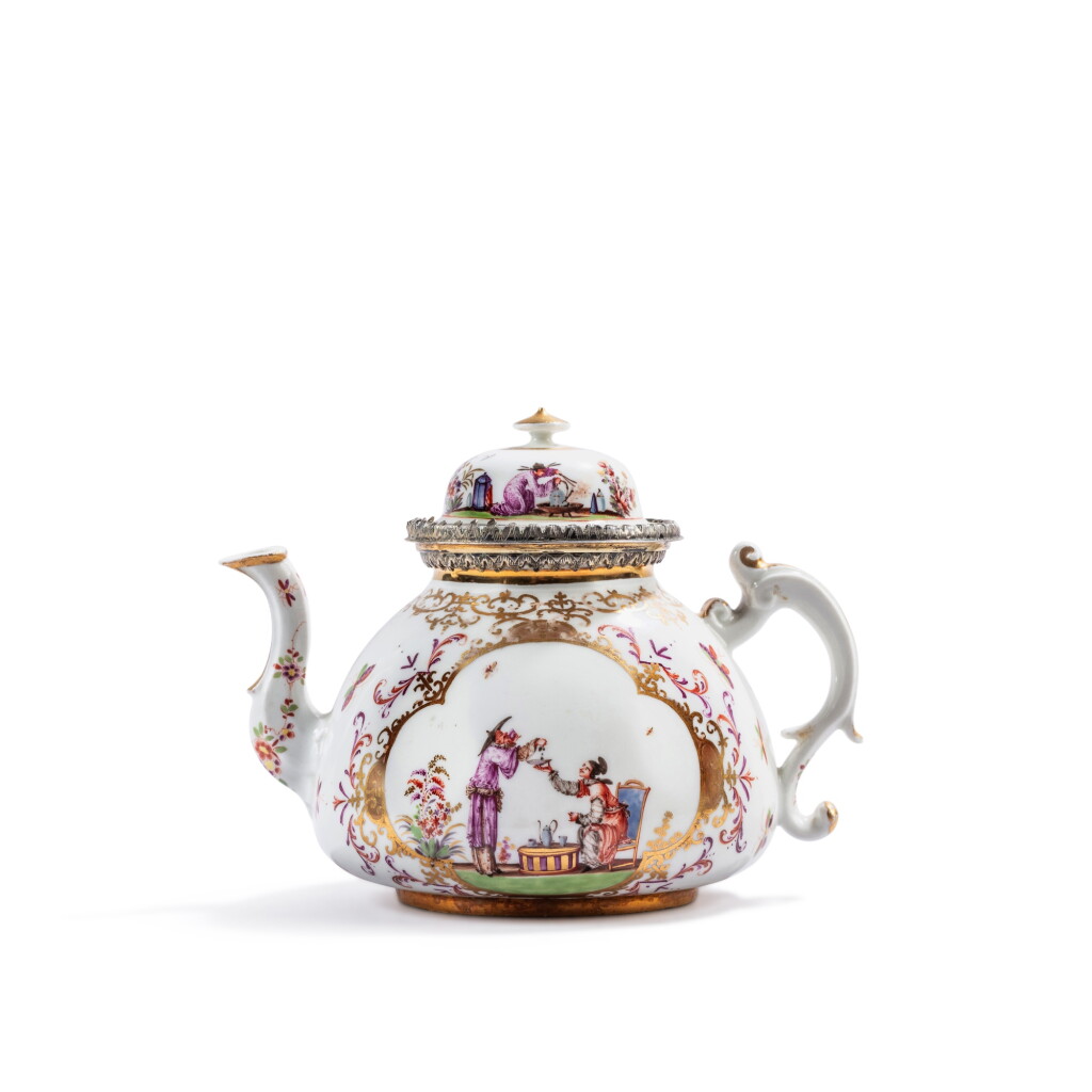 View full screen - View 1 of Lot 20. A Meissen porcelain chinoiserie (K.P.M.) silver-gilt mounted teapot and cover, circa 1725, the mounts Elias Adam, Augsburg.