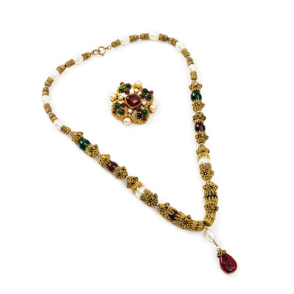 View full screen - View 1 of Lot 313. Vintage Long Necklace by Victoire de Castellane, 1983 and Vintage Red and Green Cabochons Cross Brooch, Fall-Winter 1993.