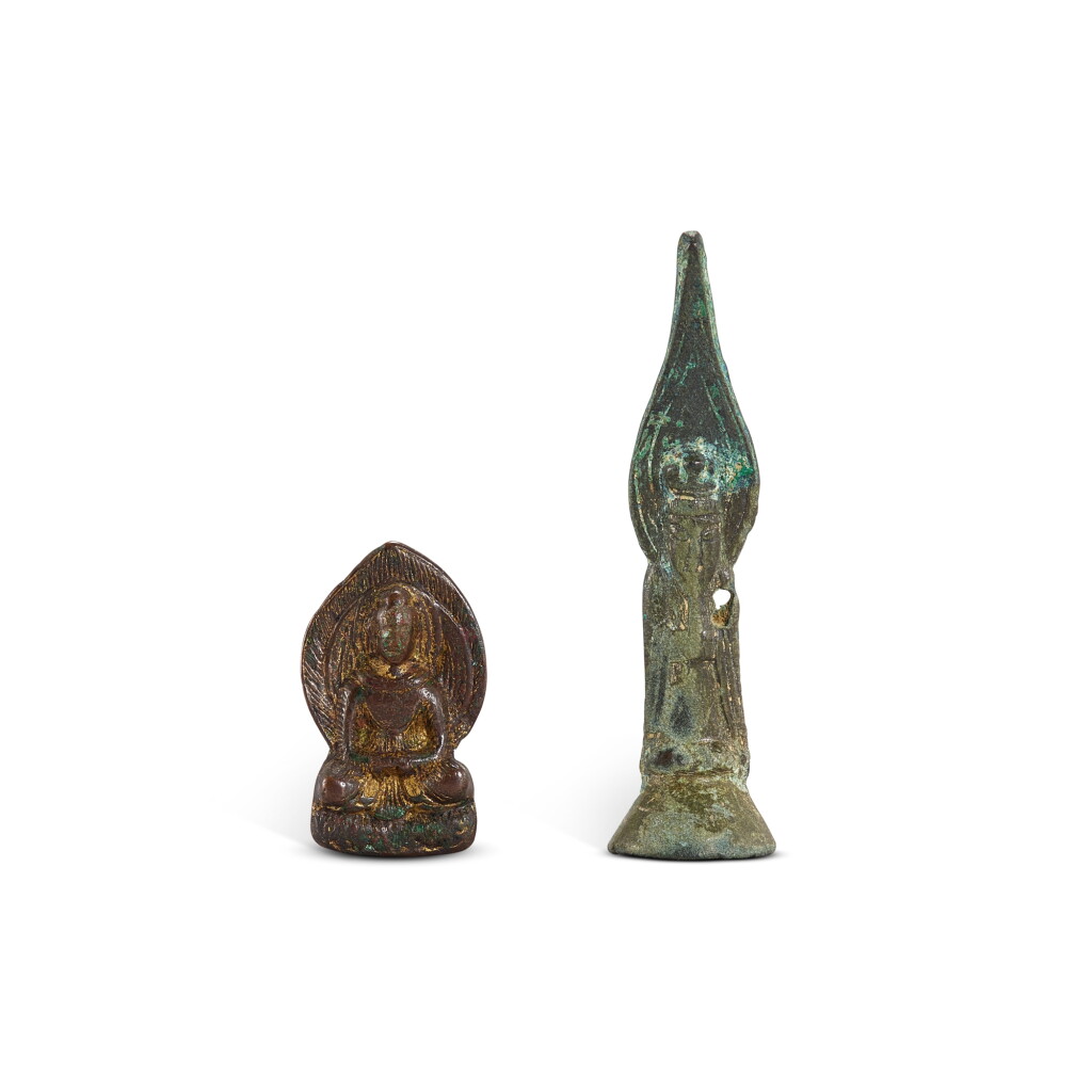 View full screen - View 1 of Lot 538. A bronze figure of a Bodhisattva and a gilt-bronze figure of Buddha, Northern Wei dynasty 北魏 銅天尊立像 及 鎏金銅佛坐像.