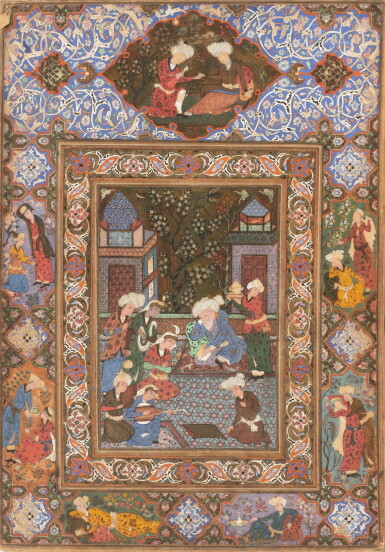 View full screen - View 1 of Lot 337. An Album Page: An old man, probably Hafez, seated with musicians and attendants, Persia, Qajar, 19th century.