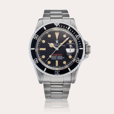 View full screen - View 1 of Lot 361. Reference 1680 'Red' Submariner | A stainless steel automatic wristwatch with date and bracelet, Circa 1972.