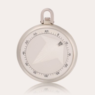 View full screen - View 1 of Lot 56. A slim and elegant 18ct white gold open-faced keyless lever jump hour dress watch with presentation case and white gold chain.