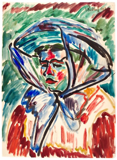 View full screen - View 1 of Lot 18. KARL SCHMIDT-ROTTLUFF | MÄDCHEN MIT BLAUEM SCHAL (GIRL WITH BLUE SCARF).