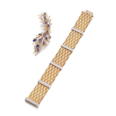 View full screen - View 1 of Lot 970. Gold and diamond bracelet and a sapphire and diamond brooch, 1970s.