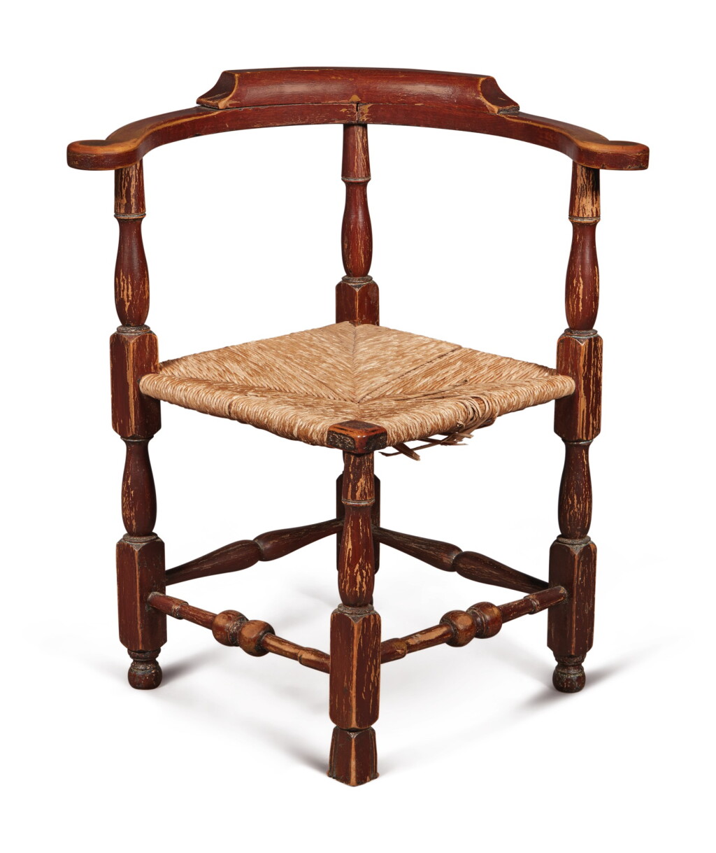 View full screen - View 1 of Lot 2. William and Mary Red-Painted Turned Maple Corner Chair, New England, circa 1730.