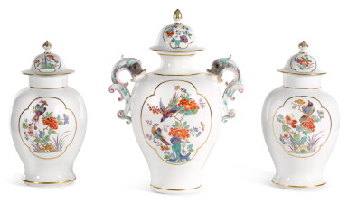 View full screen - View 1 of Lot 144. A MEISSEN THREE PIECE GARNITURE OF VASES AND COVERS .