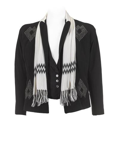 View full screen - View 1 of Lot 126. Freddie Mercury's signature black and white zig-zag scarf with black jacket and blouse, 1970s.