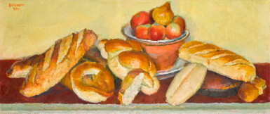 View full screen - View 1 of Lot 140. VLADIMIR WEISBERG | Loaves and Apples on a Burgundy Tablecloth.