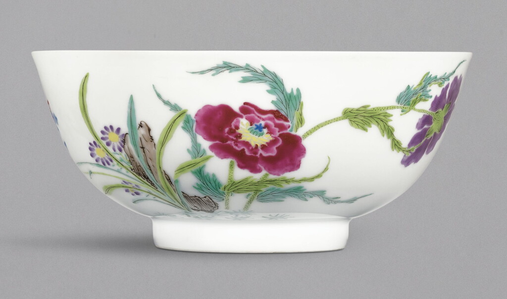 View full screen - View 1 of Lot 9. A FAMILLE-ROSE 'BONELESS' 'BUTTERFLY AND FLOWER' BOWL, YONGZHENG MARK AND PERIOD | 清雍正 粉彩蝶戀花紋盌 《大清雍正年製》款.