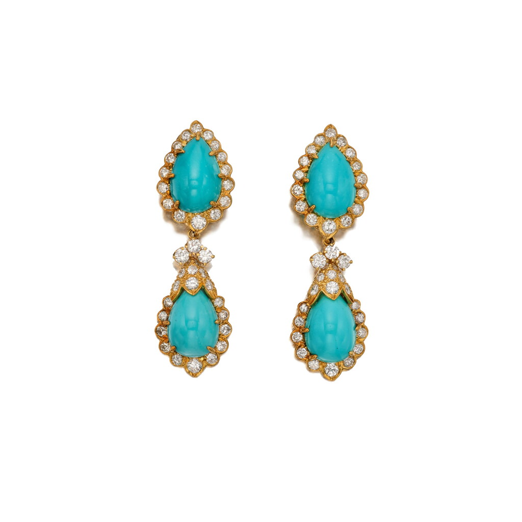 View full screen - View 1 of Lot 312. Pair of Turquoise and Diamond Pendant-Earclips.