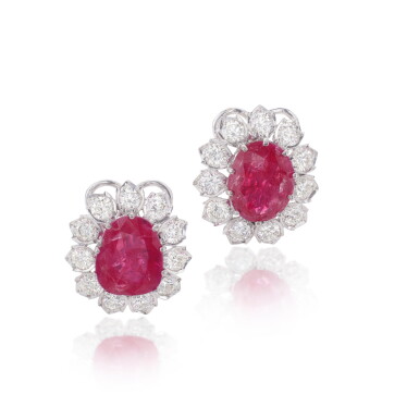 View full screen - View 1 of Lot 799. Pair of ruby and diamond ear clips.