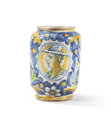 View full screen - View 1 of Lot 44. A maiolica albarello, Calabrian, Gerace, 17th century.
