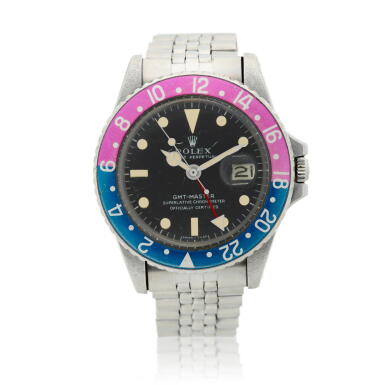 View full screen - View 1 of Lot 183. Reference 1675 GMT-Master 'Fuchsia' A stainless steel automatic dual time wristwatch with date and bracelet, Circa 1968.