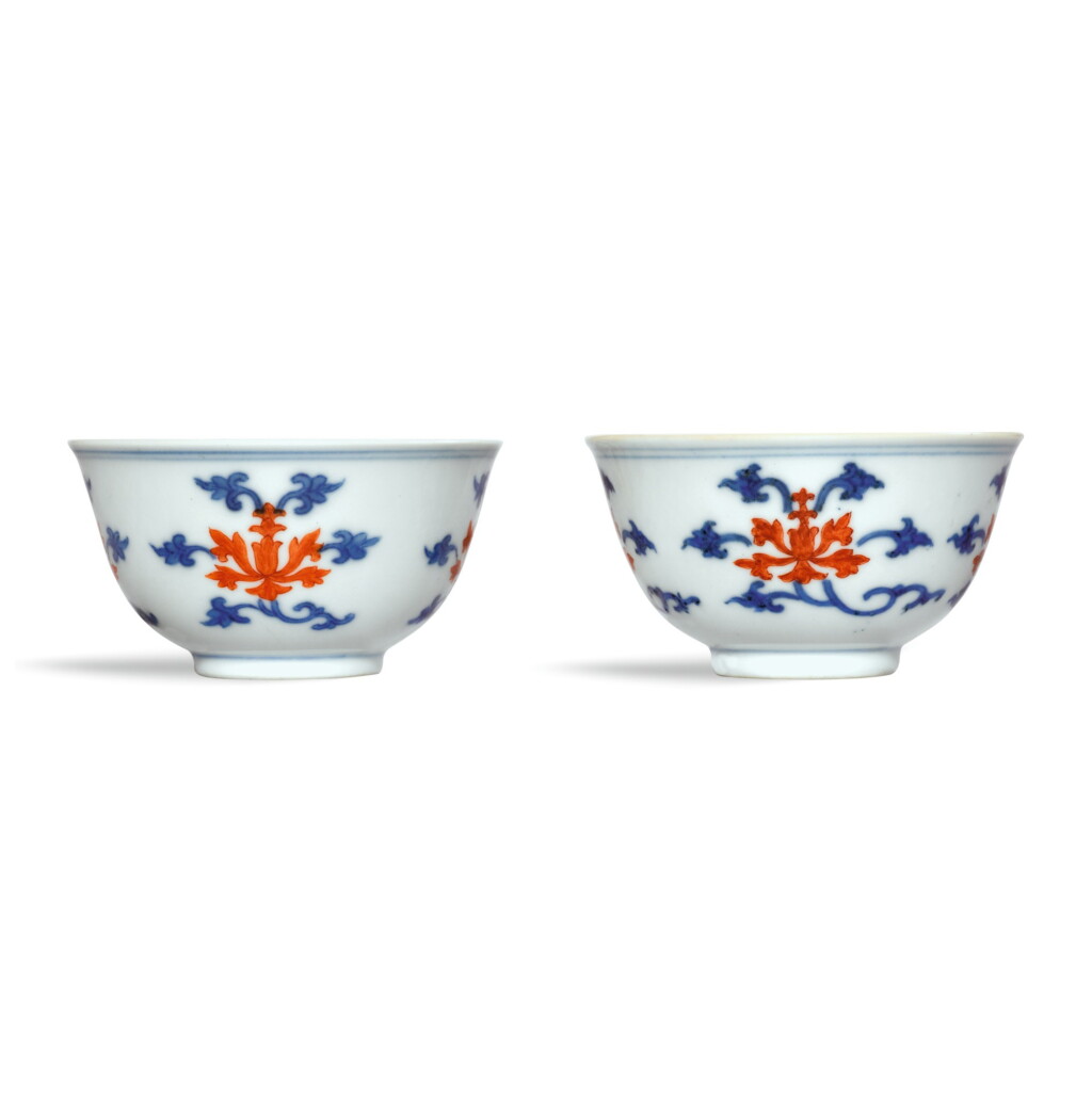 View full screen - View 1 of Lot 203. A PAIR OF UNDERGLAZE-BLUE AND IRON-RED 'LOTUS' BOWLS, DAOGUANG SEAL MARKS AND PERIOD | 清道光 青花礬紅彩番蓮紋盃一對 《大清道光年製》款.
