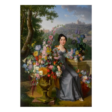 View full screen - View 1 of Lot 115. JEAN-FRANÇOIS BONY | PORTRAIT OF MADEMOISELLE ALBERT, FULL-LENGTH, SEATED IN A LANDSCAPE BESIDE A STONE VASE AND BASKETS FILLED WITH FLOWERS.