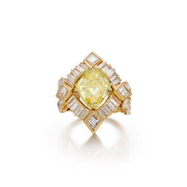 View full screen - View 1 of Lot 238. Fancy Yellow Diamond and Diamond Ring, France.