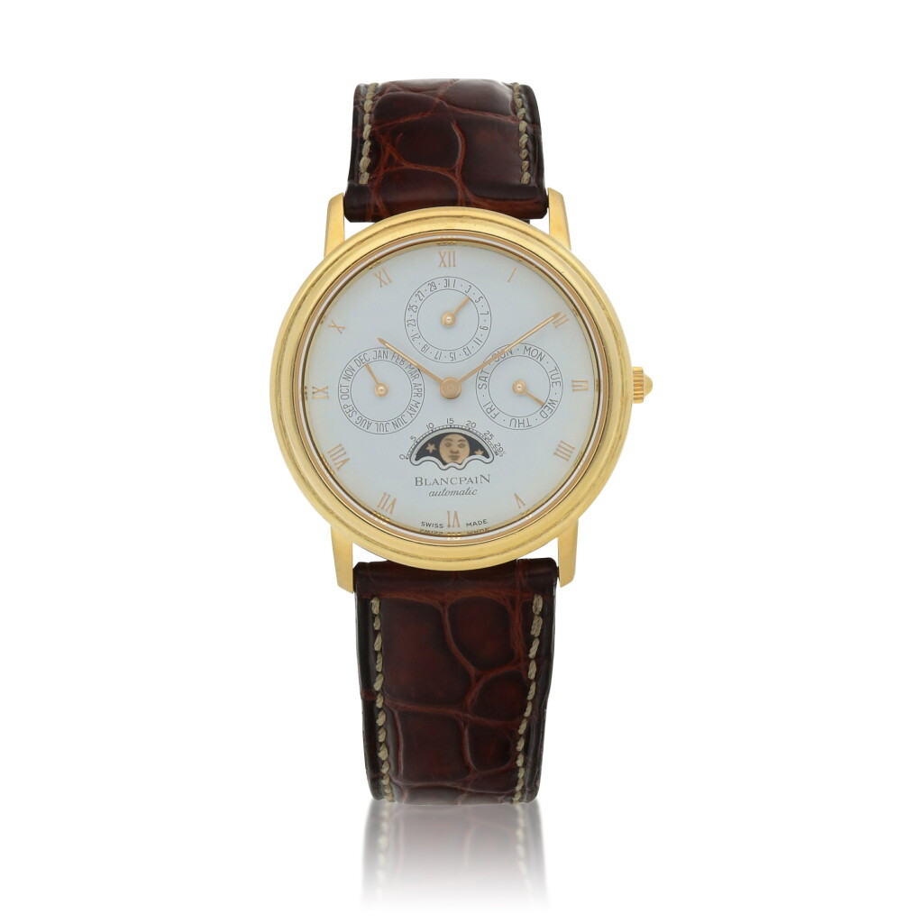View full screen - View 1 of Lot 67. Yellow gold perpetual calendar wristwatch with moon phases Circa 1995.
