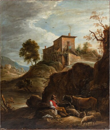 View full screen - View 1 of Lot 120. A Pastoral Landscape With a Herdsman Playing a Pipe near a Waterfall.