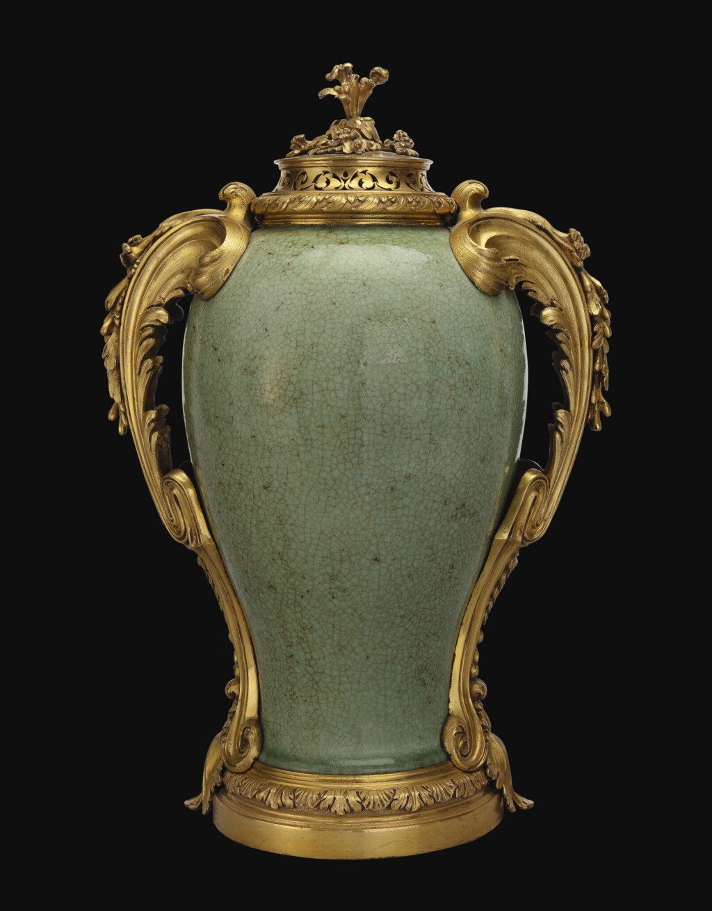 View full screen - View 1 of Lot 774. A LOUIS XV GILT-BRONZE MOUNTED CHINESE CRACKLE-GLAZED CELADON VASE, THE PORCELAIN QING DYNASTY, 18TH CENTURY, THE MOUNTS CIRCA 1760, IN THE MANNER OF DUPLESSIS.