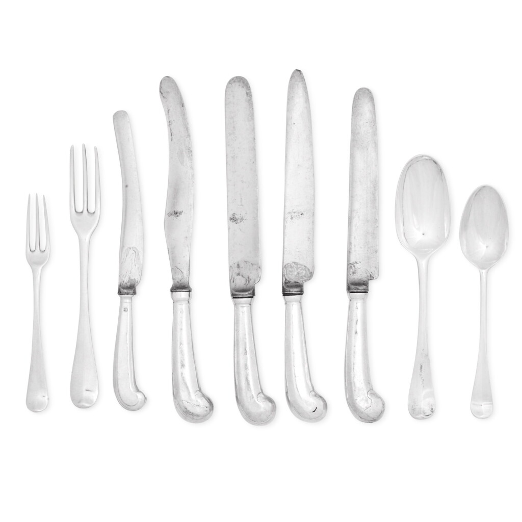 View full screen - View 1 of Lot 267. A Hanoverian pattern silver flatware service, various dates and makers, London and Edinburgh, 1723-1778.